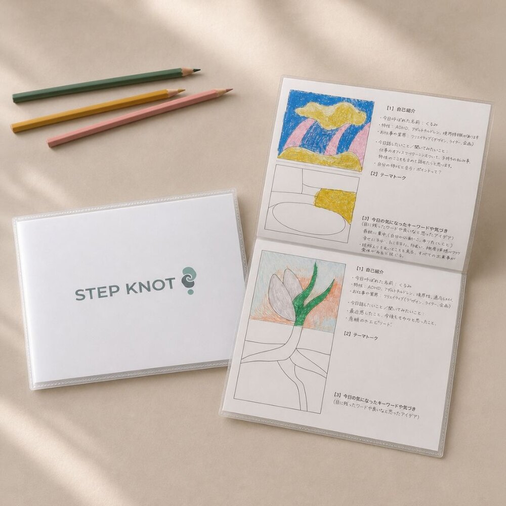STEP KNOT! のワークブックと色鉛筆 — 手書きの振り返りページ